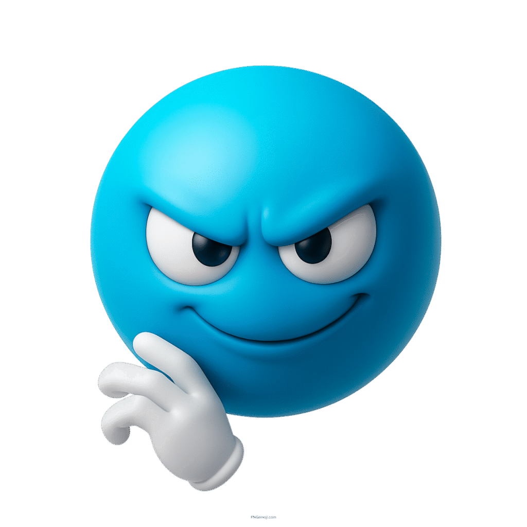 3D blue devious emoji with smirking face and plotting expression on transparent background