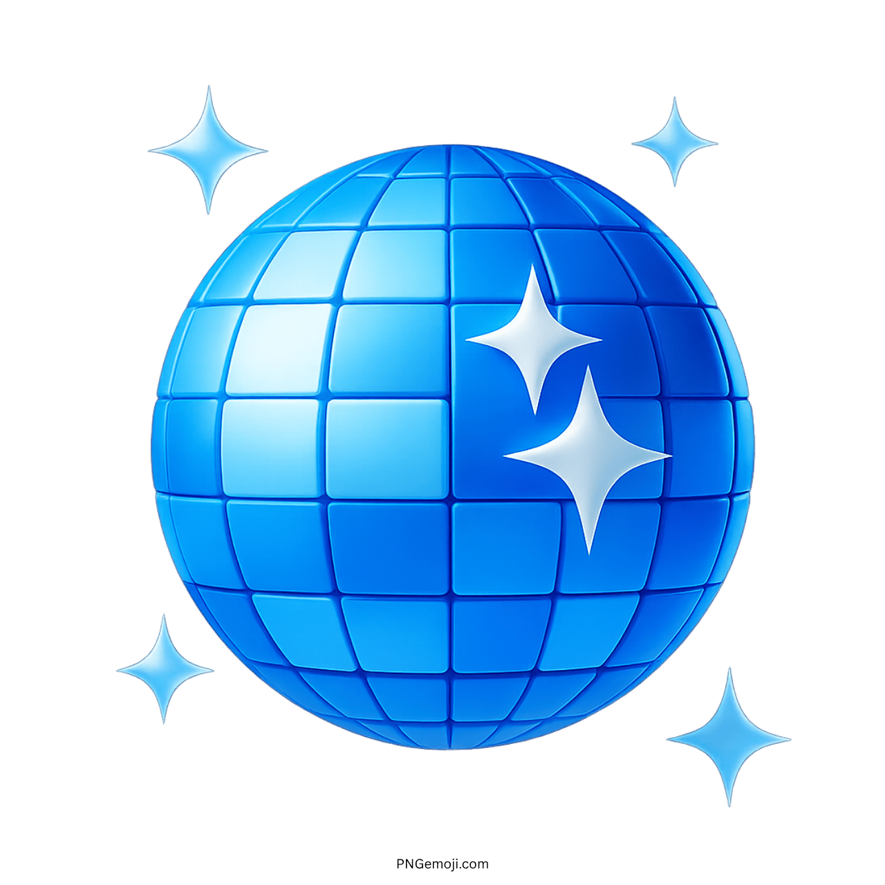 3D blue disco ball emoji with sparkling stars and grid texture design