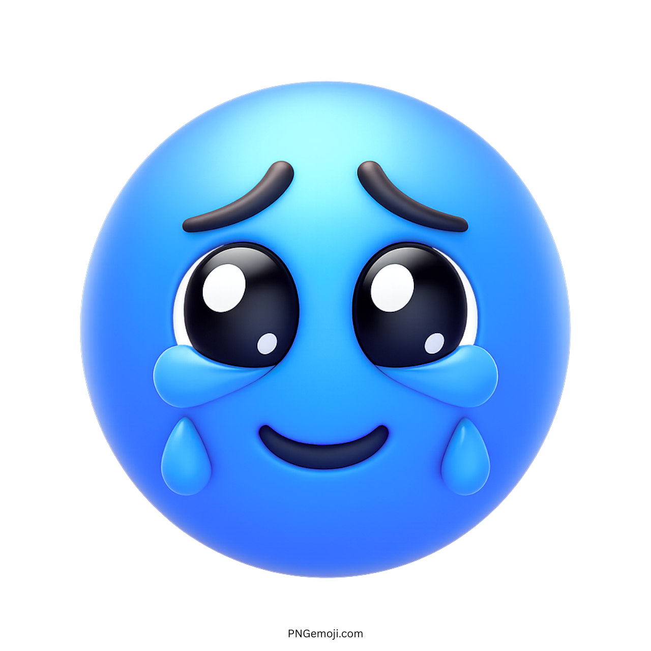 3D blue emoji face holding back tears with emotional and hopeful expression