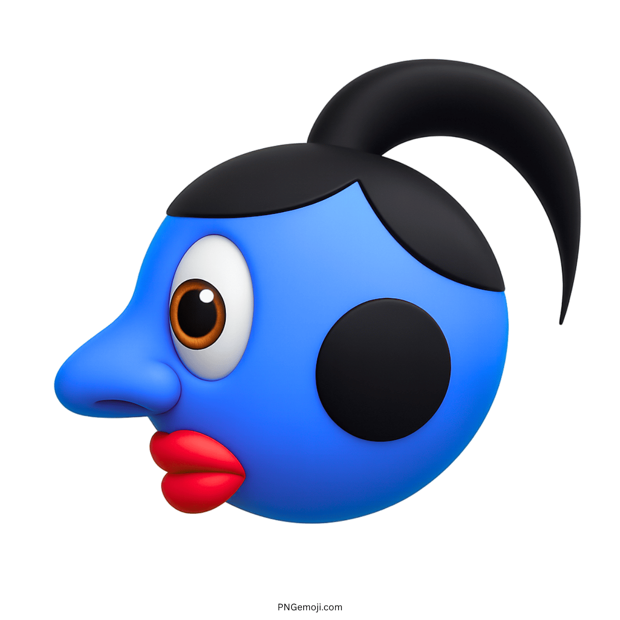 3D blue emoji face with red lips, black cheeks, and cartoonish hyperpigmentation look