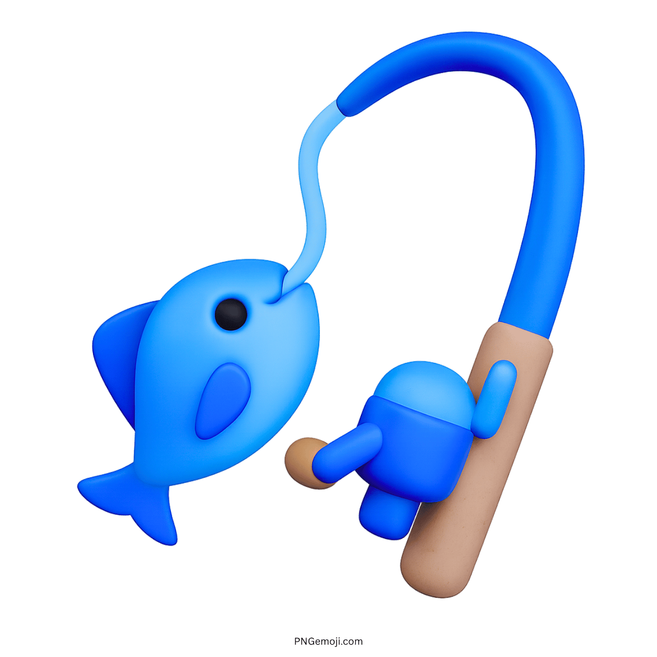 3D blue fishing pole emoji catching fish with cartoon design
