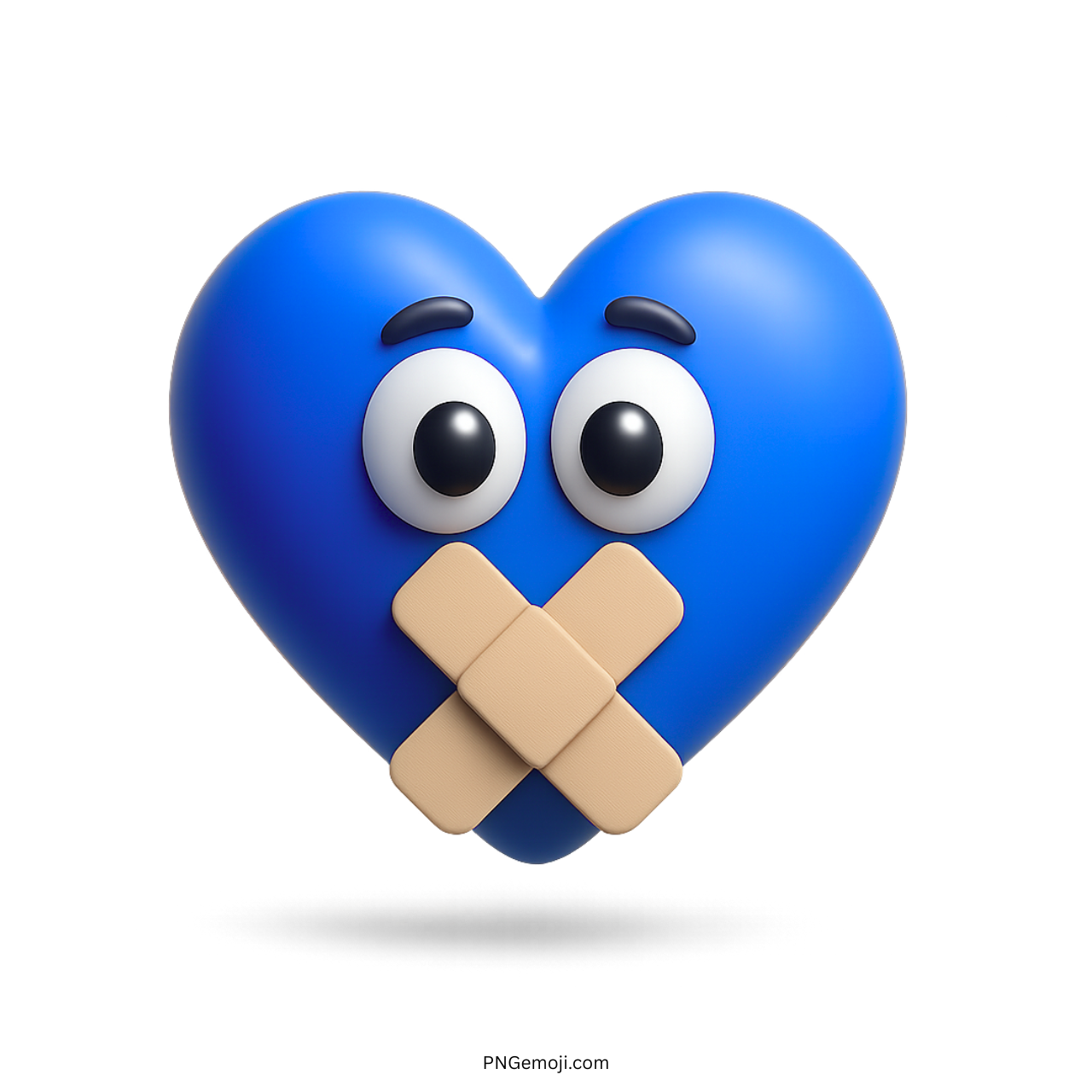 3D blue heart emoji with big eyes and crossed bandages over mouth in PNG