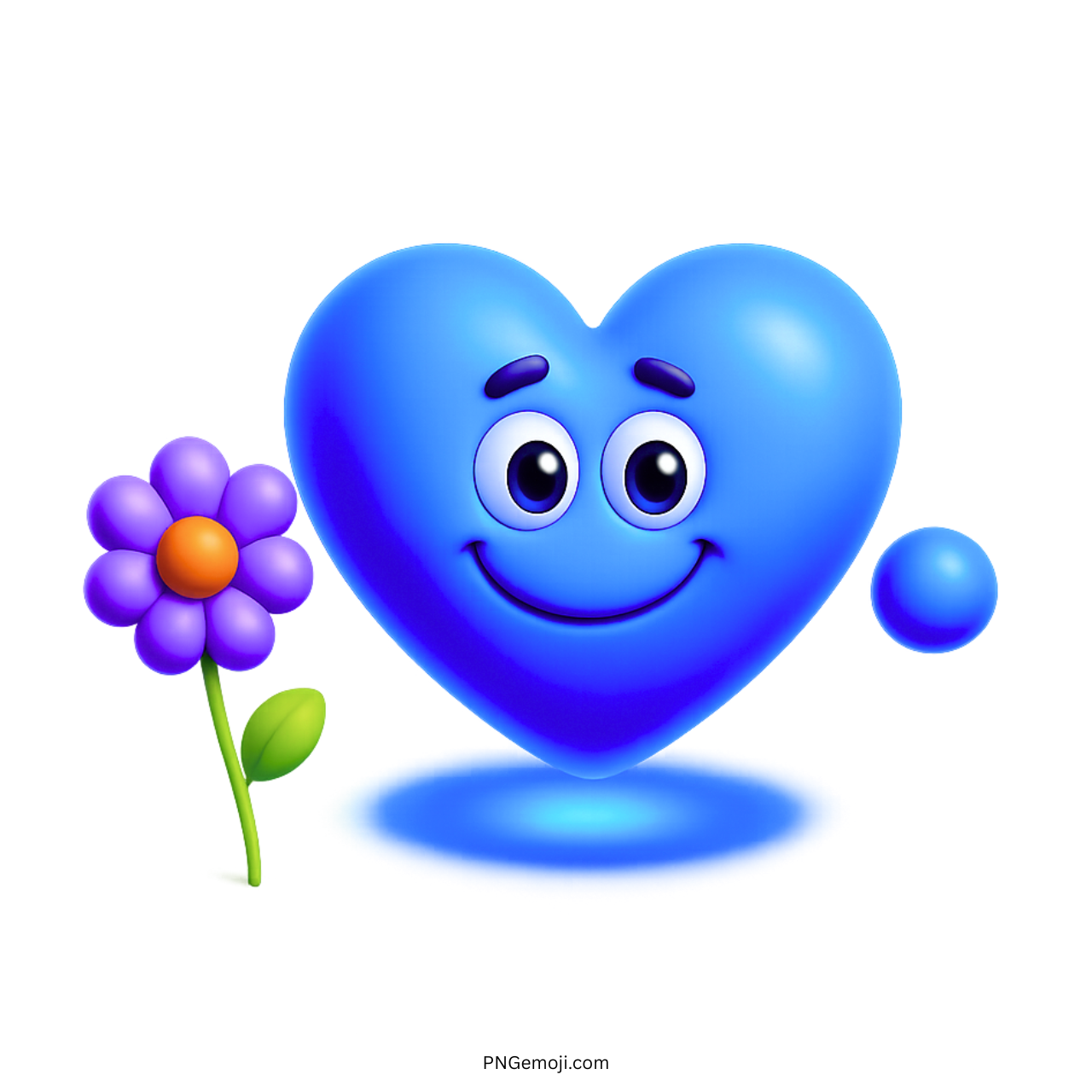 3D blue heart emoji with smiling face and purple flower on transparent background