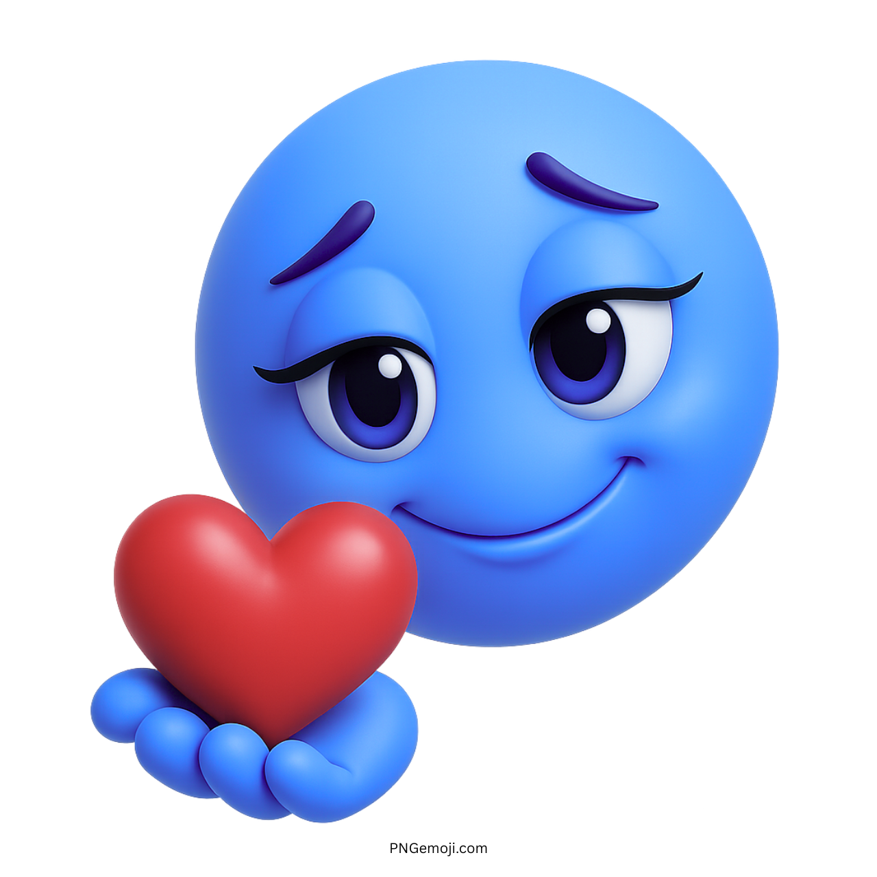 3D blue emoji smiling sweetly while holding a red heart in hand