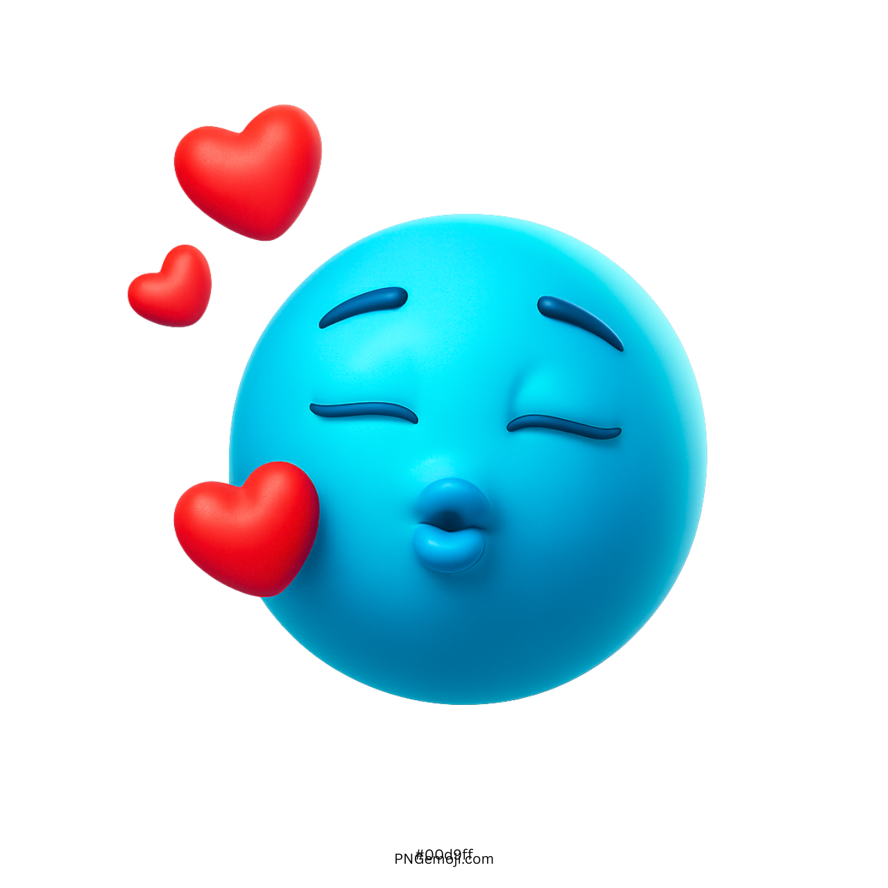 3D blue kiss emoji with closed eyes blowing red hearts in a loving expression