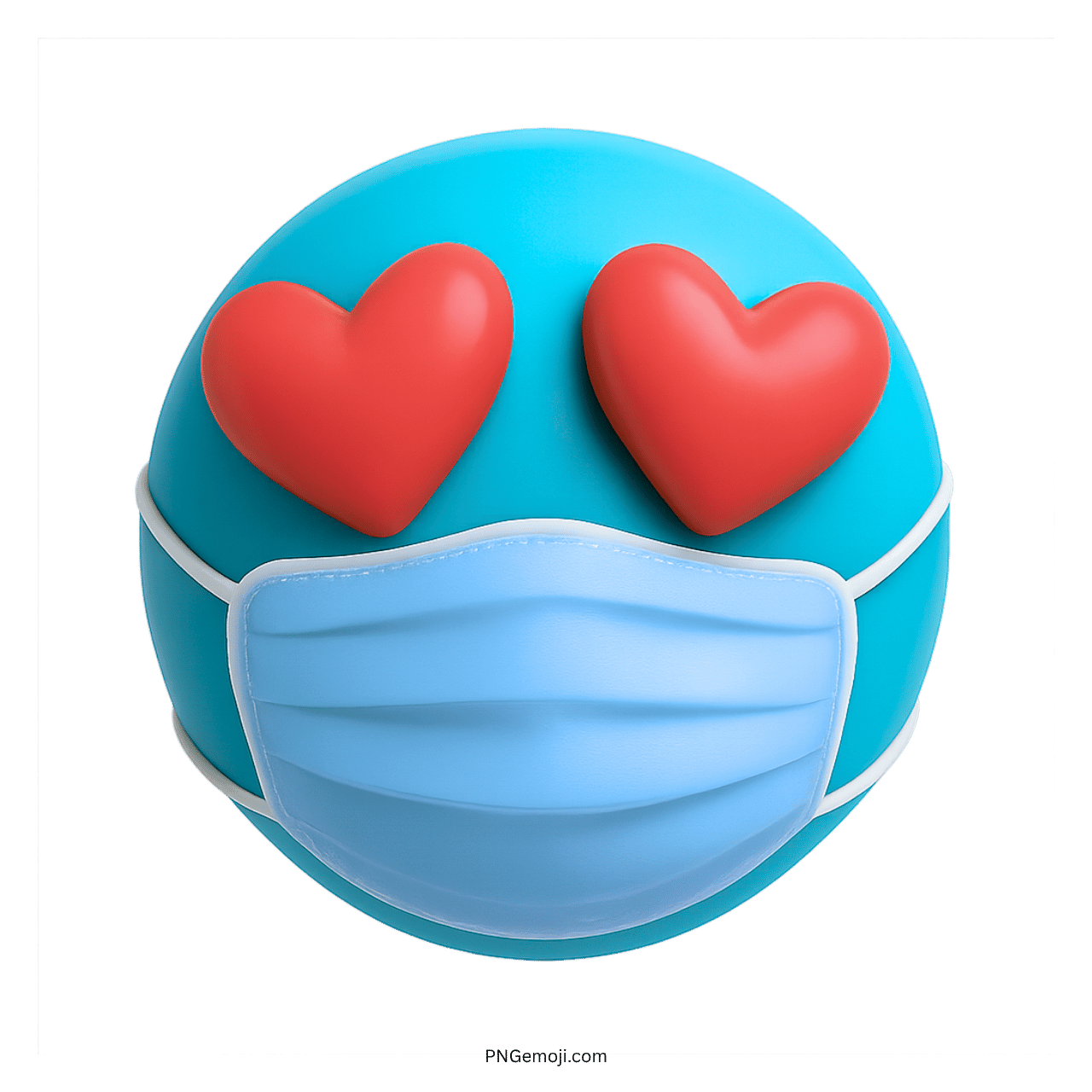 3D blue emoji with red heart eyes wearing a light blue medical face mask
