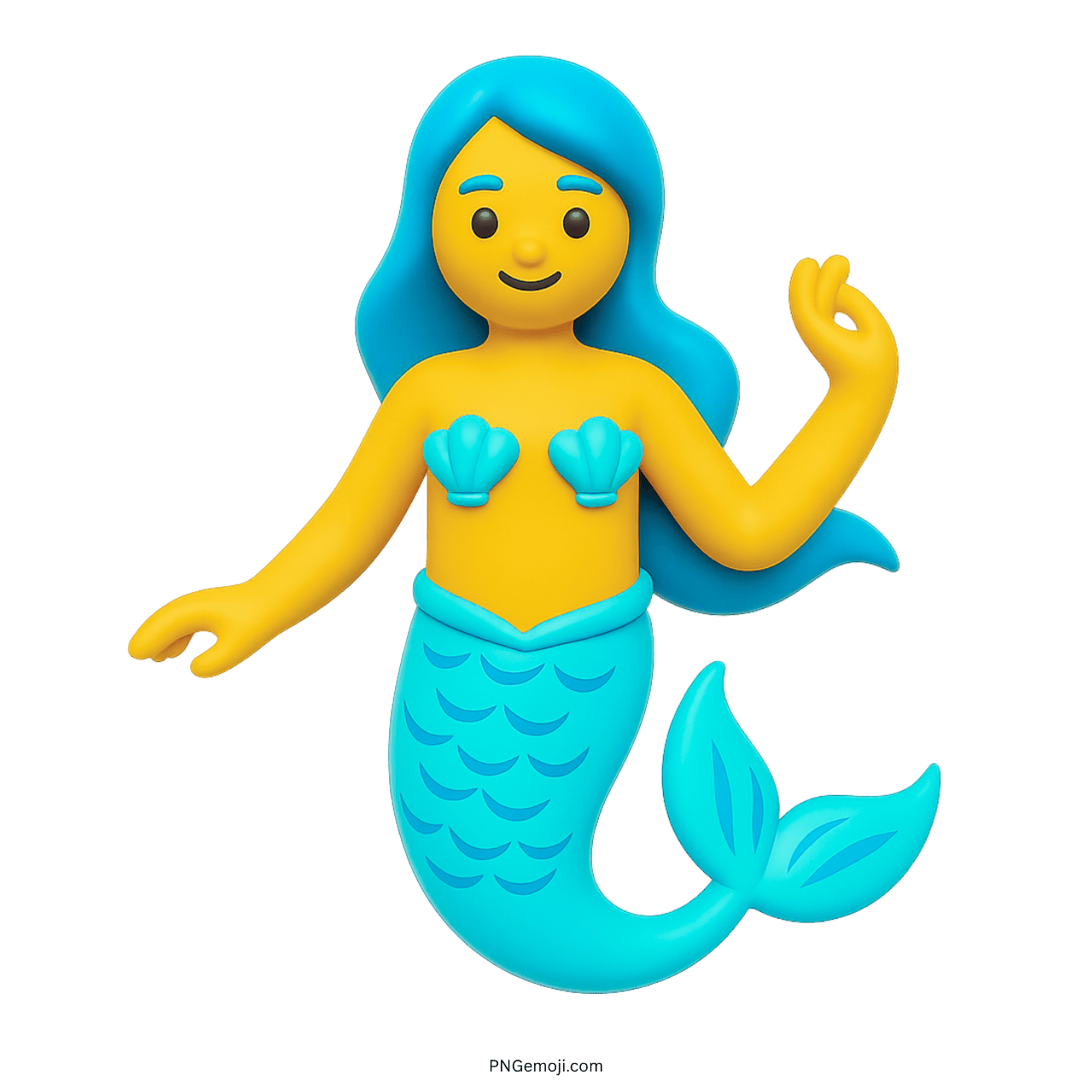 3D blue mermaid emoji with seashell top and fish tail on transparent background