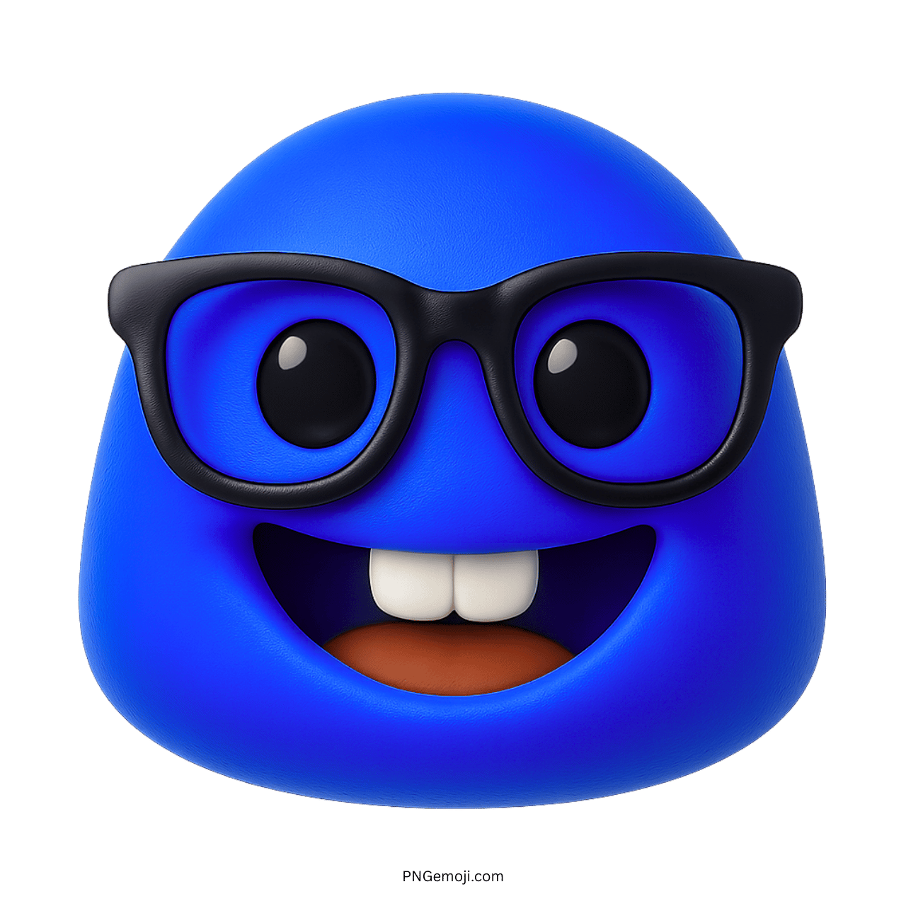 3D blue nerd face emoji with glasses and big toothy smile expression