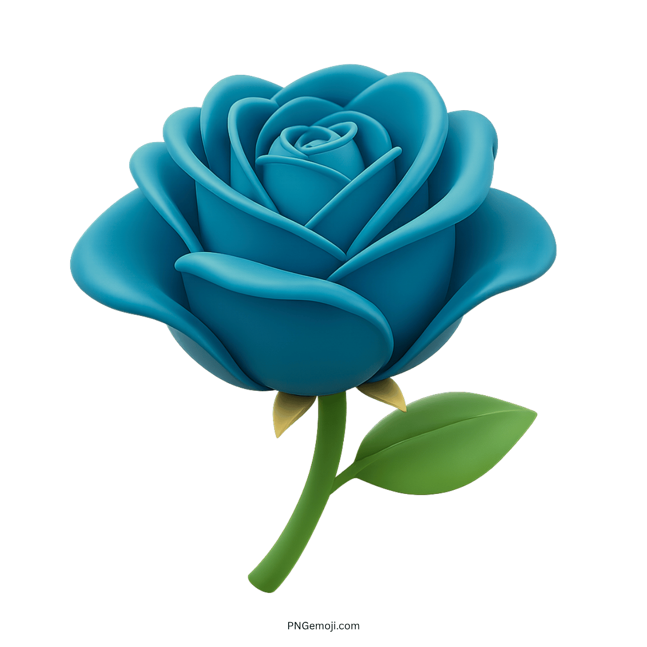  3D blue rose flower in full bloom with green leaves