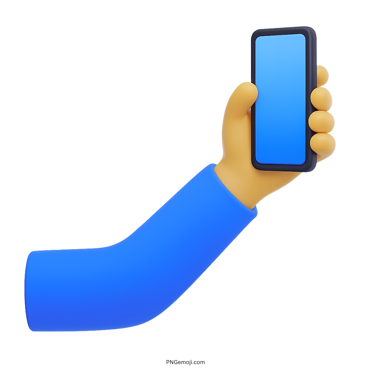 3D selfie emoji of a hand holding smartphone with blue sleeve on transparent background