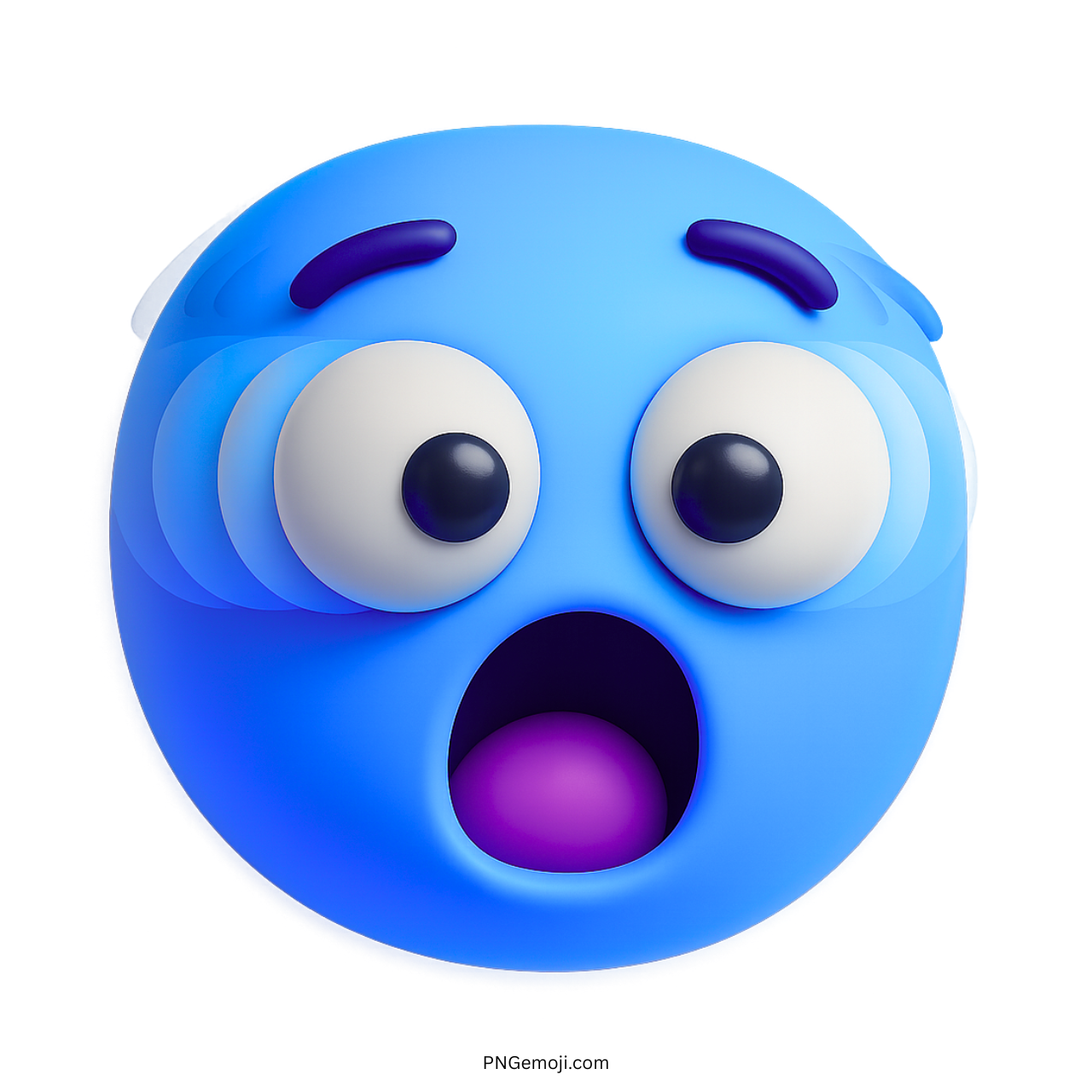 3D blue shaking face emoji with wide eyes, shocked expression, cartoon style PNG