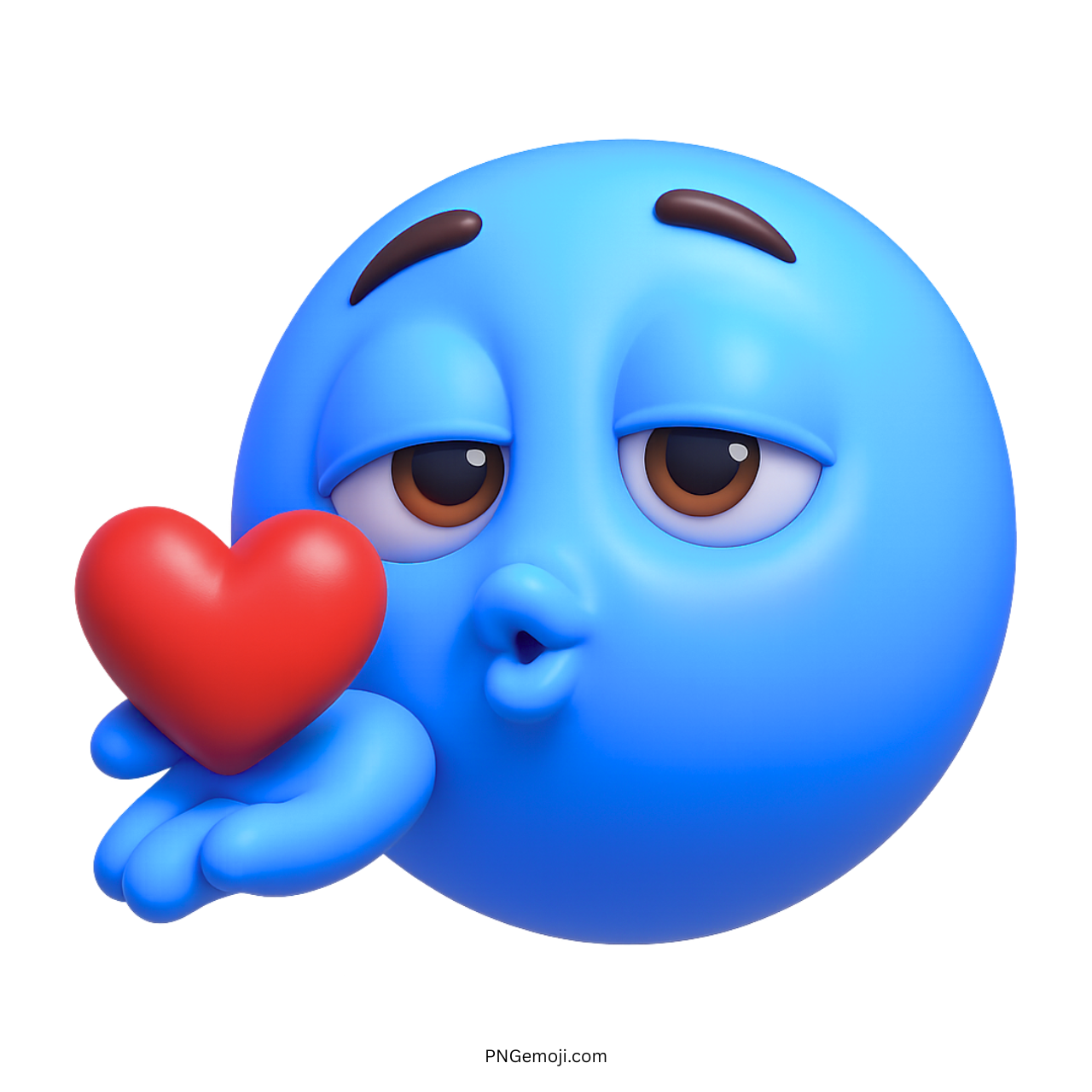 3D blue smiley emoji blowing a kiss while holding a red heart in hand