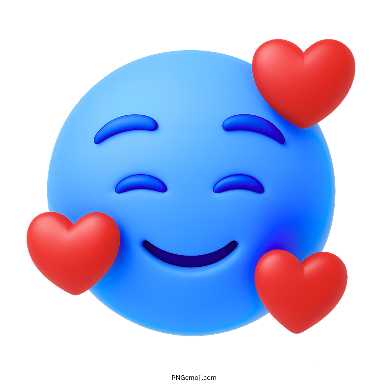 3D blue smiling face emoji with red hearts expressing love, joy, and happiness