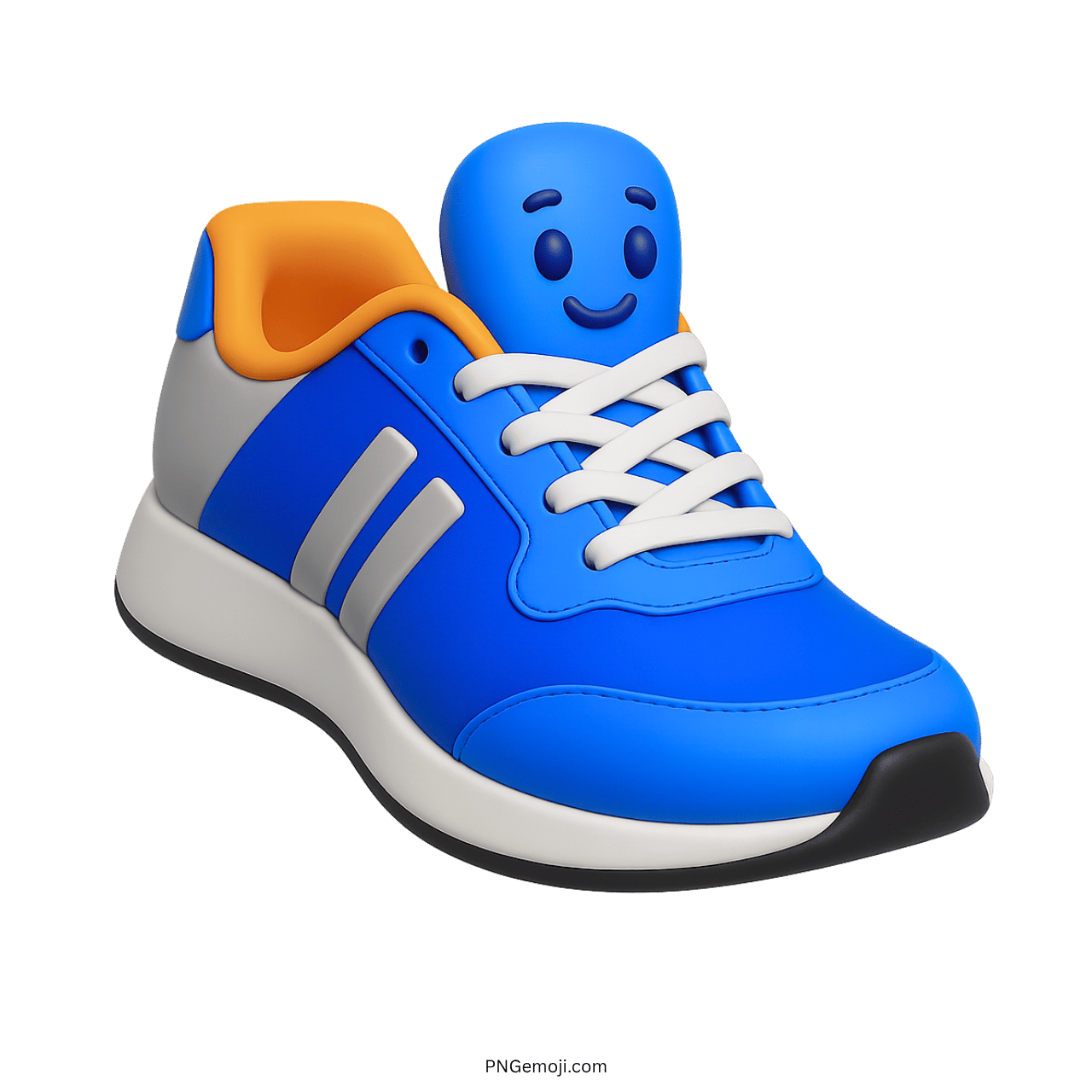 3D blue sneaker emoji with white laces and happy face on the tongue