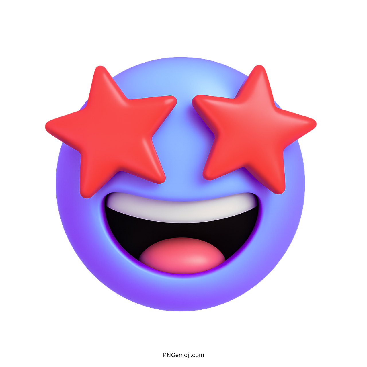 Blue 3D emoji with red star eyes and wide happy smile expression
