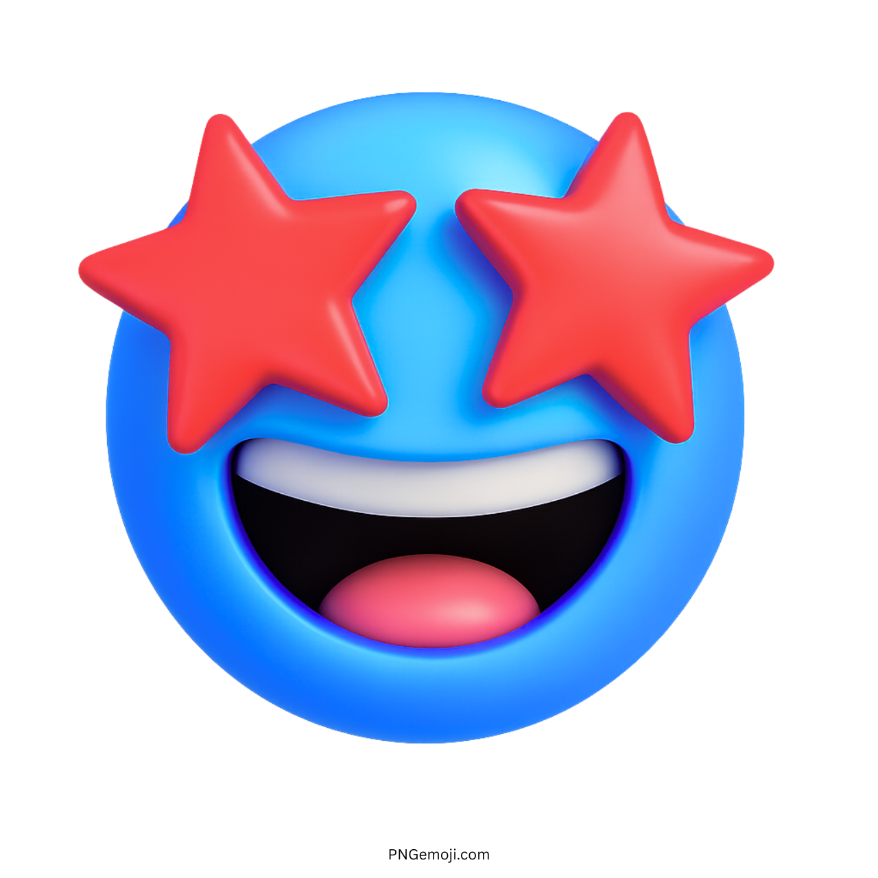 3D star-struck blue emoji face with red star eyes and open mouth smile