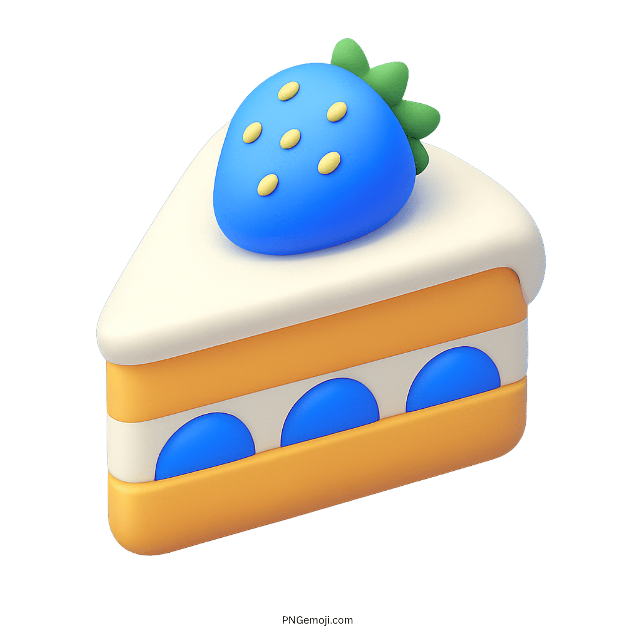 3D cartoon-style cake slice emoji with blue strawberry and creamy dessert layers