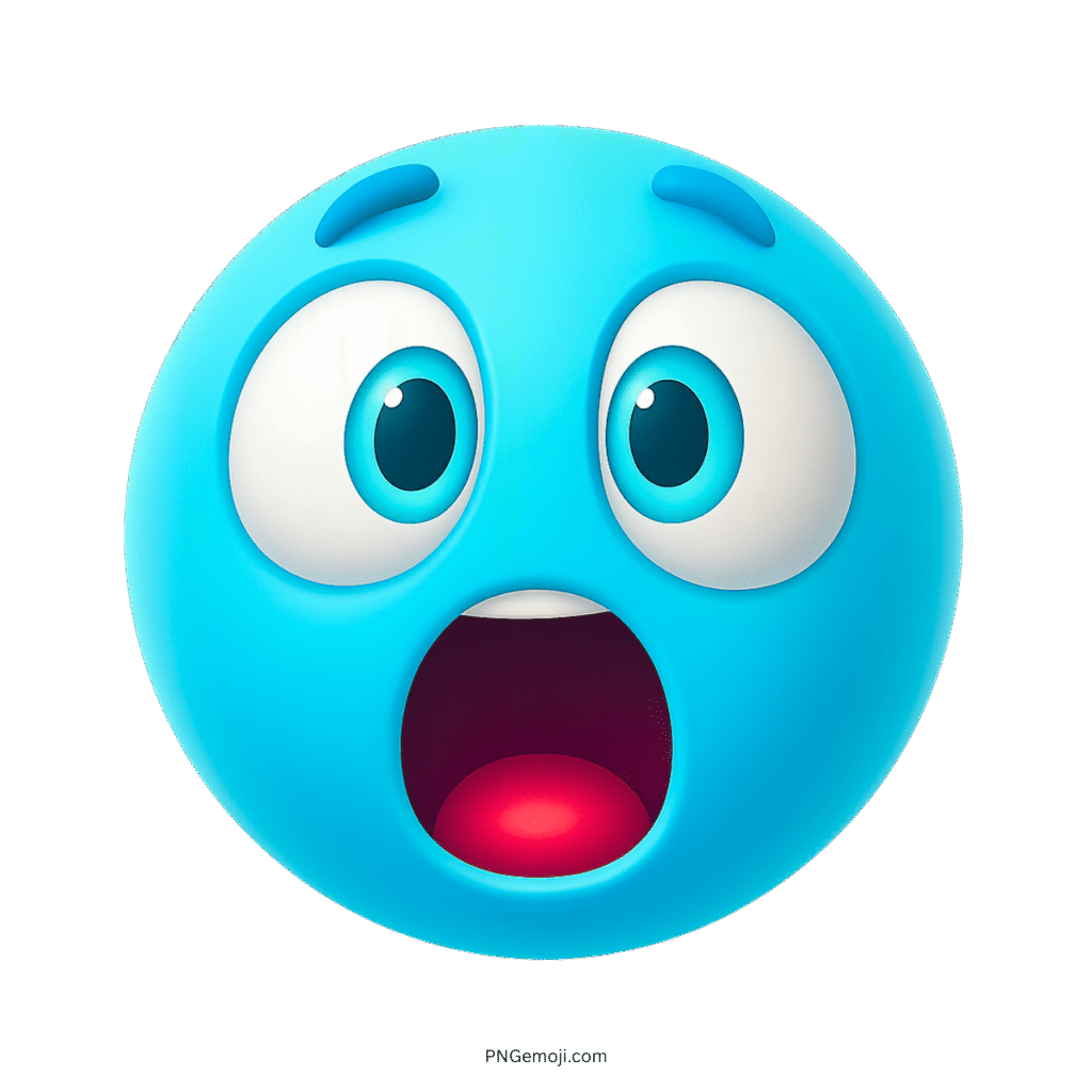 3D light blue surprised emoji with wide eyes and open mouth expression
