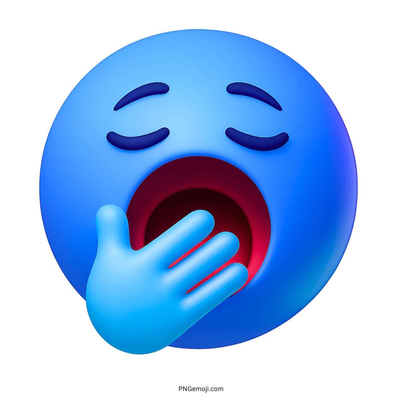 3D blue yawning emoji with closed eyes and hand covering open mouth