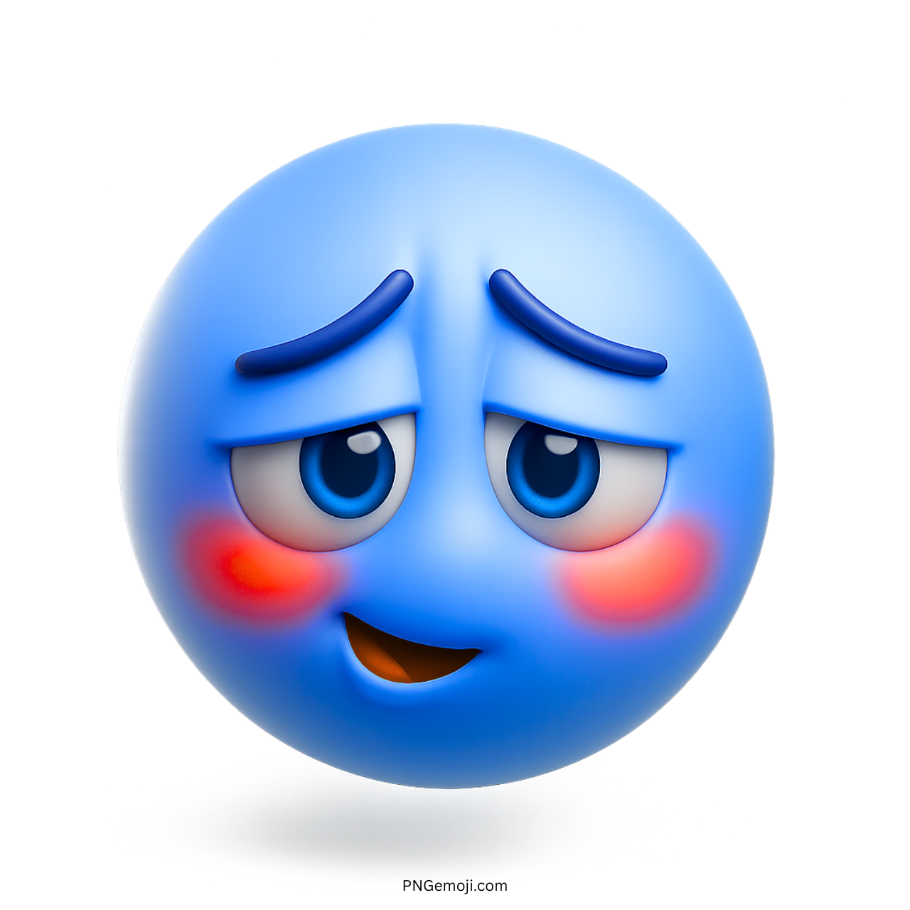 3D blue blushing smiley emoji with shy facial expression and red rosy cheeks