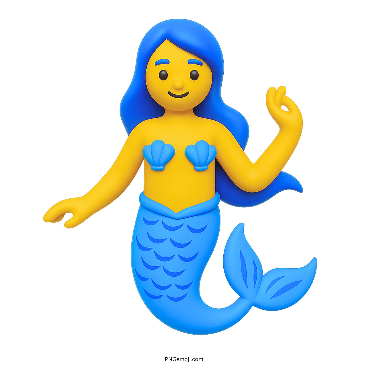 3D yellow mermaid emoji with blue tail and shell top on transparent background