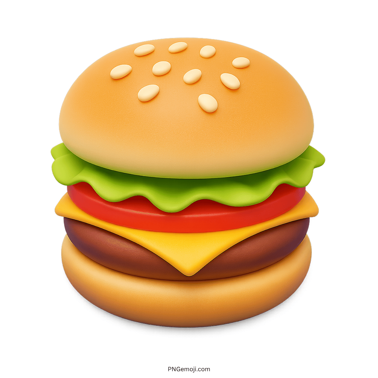 3D cartoon style burger emoji with cheese, lettuce, tomato on transparent background