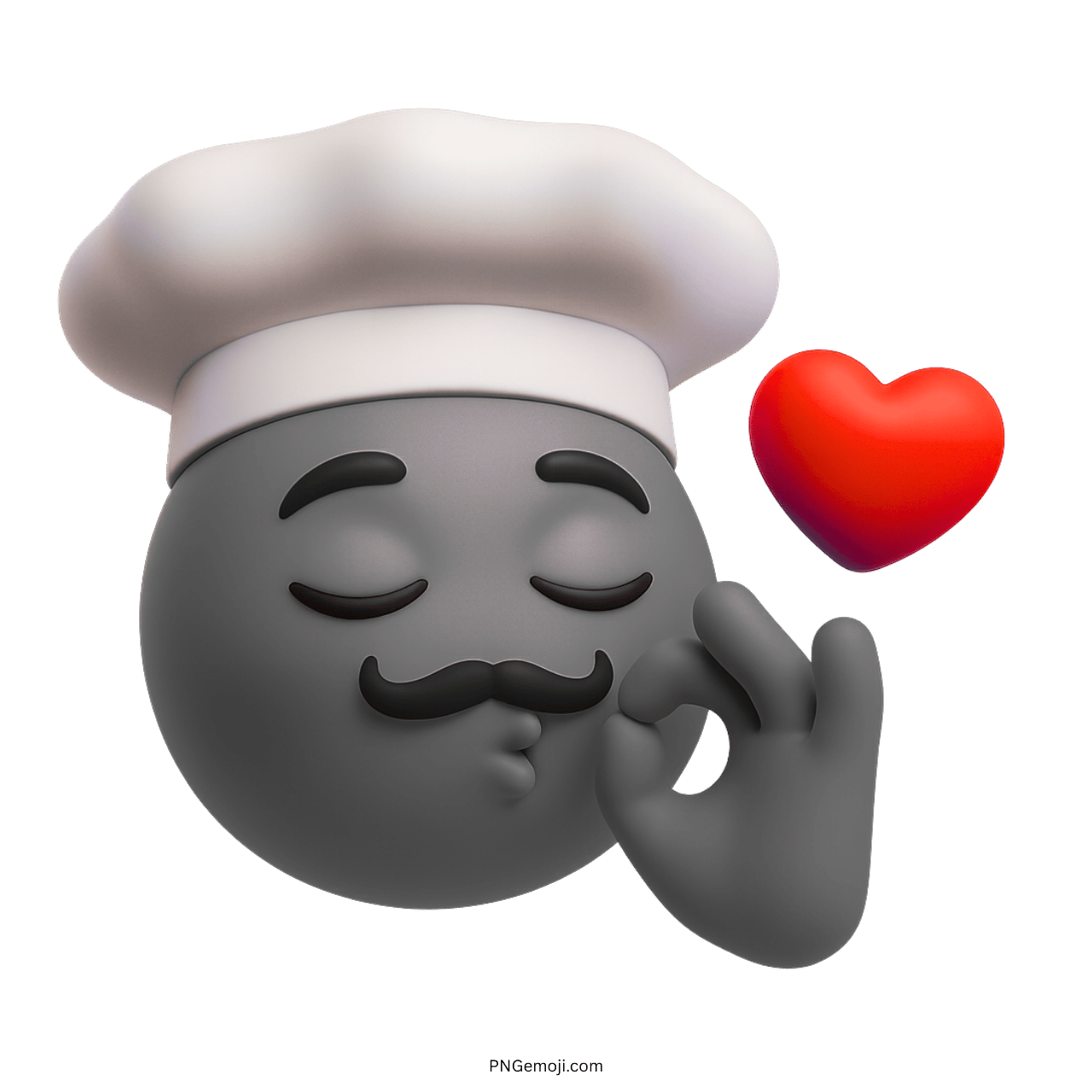 3D chef kiss emoji with black face, white hat and floating red heart
