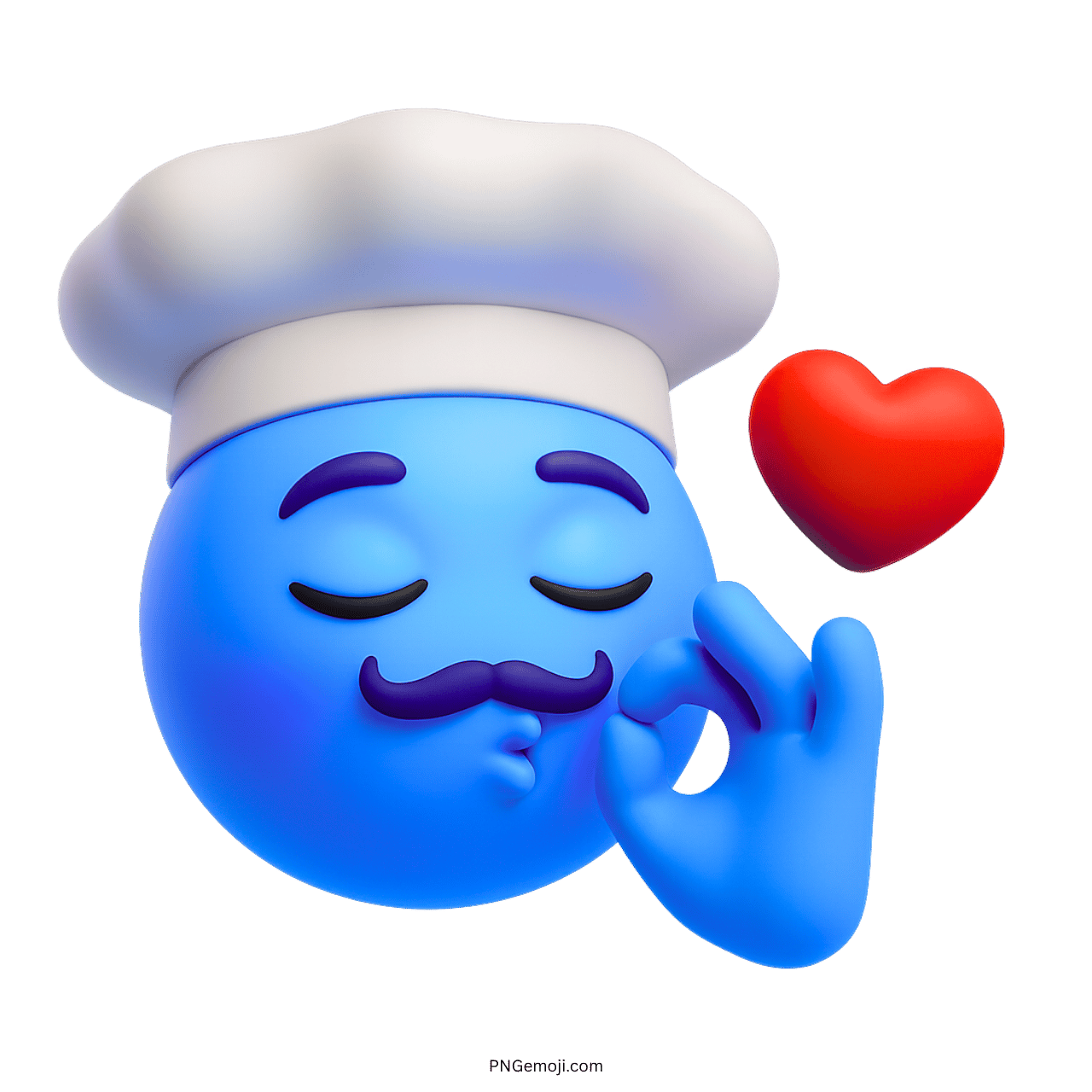 3D chef's kiss emoji with blue face, white hat, red heart and mustache