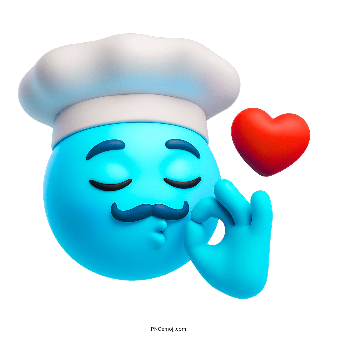 3D cyan blue chef emoji with heart, mustache, kiss gesture and white hat
