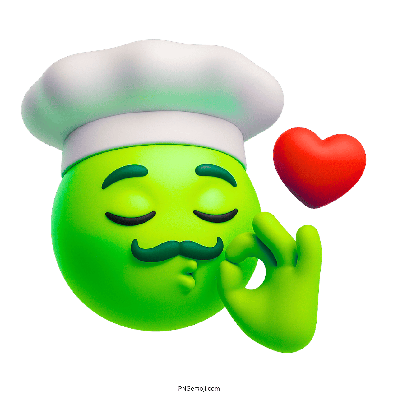 3D green chef emoji kissing hand with heart and white hat cartoon style