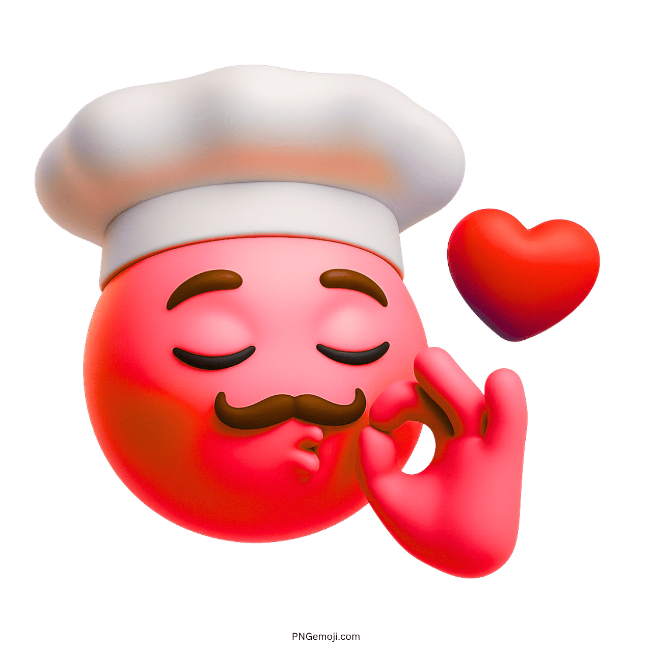 3D pink chef emoji kissing fingers with heart and white chef hat PNG