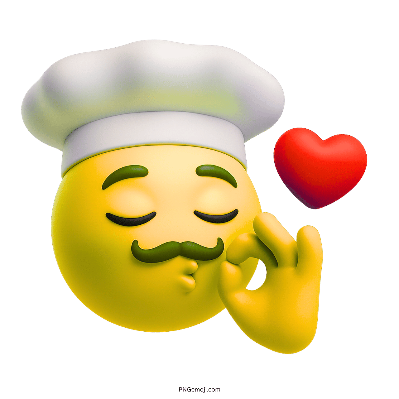 3D yellow chef emoji making kiss gesture with red heart and white hat