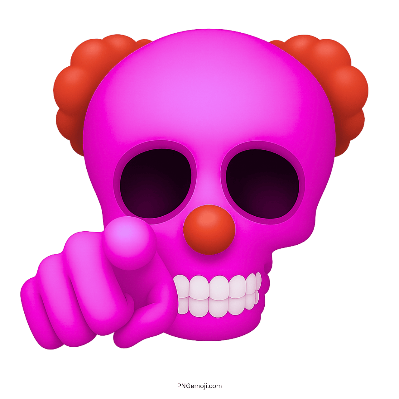 3D clown skull emoji with red clown hair and pointing finger in purple tone