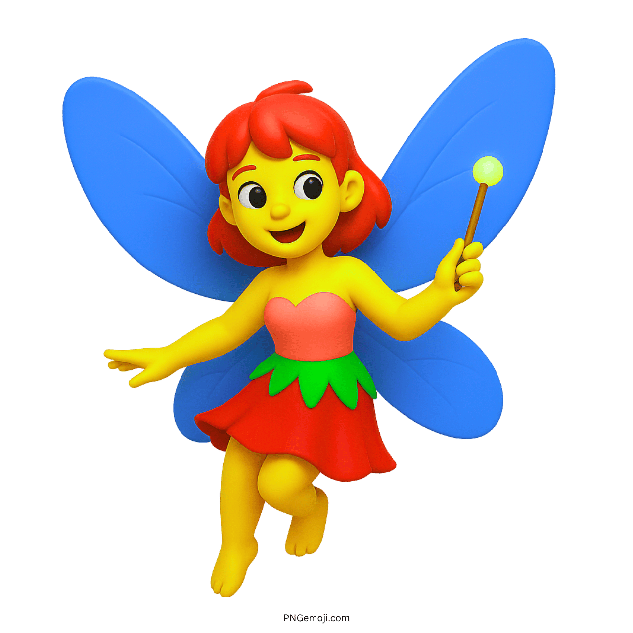 3D cartoon fairy emoji with red dress and blue wings holding magic wand