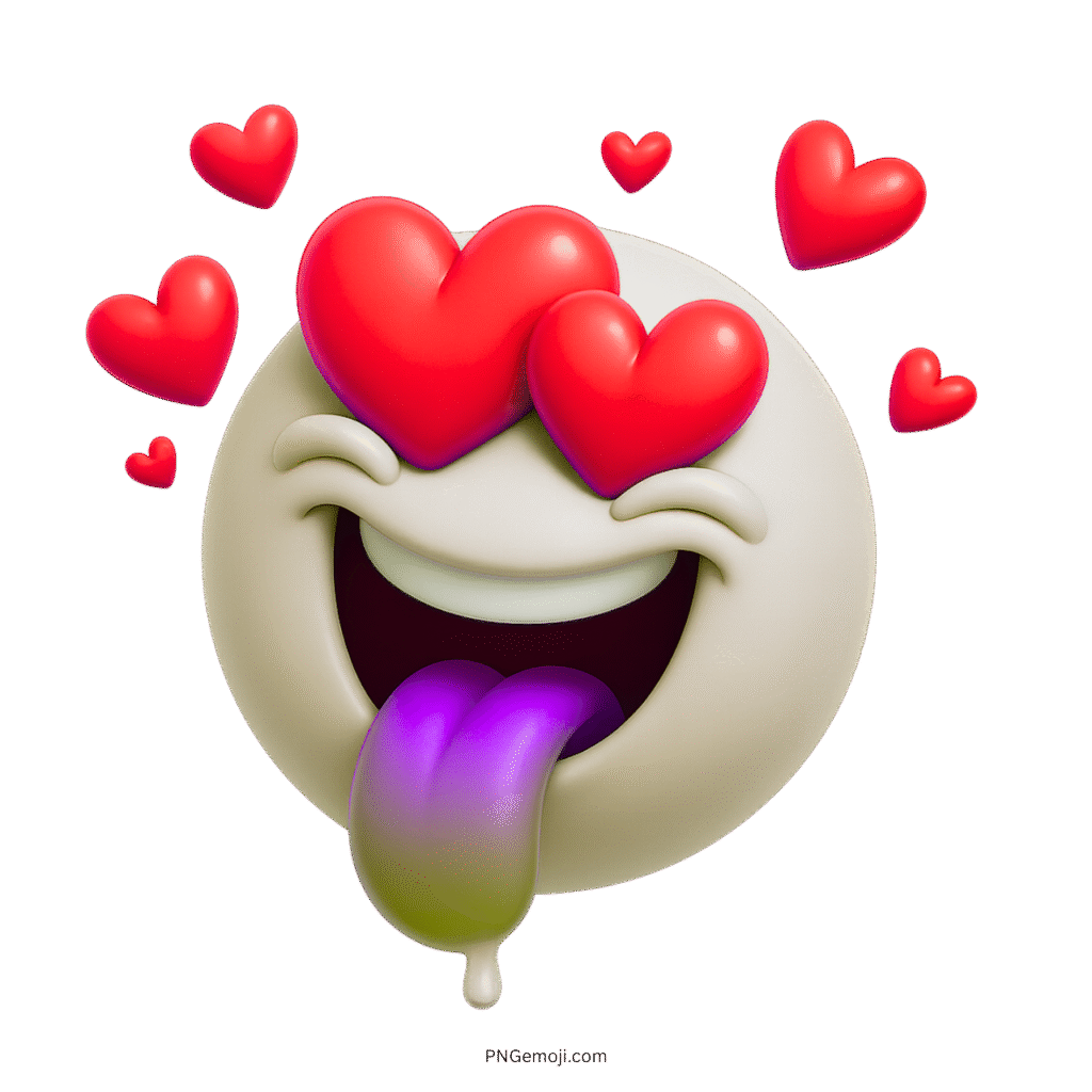 3D cream crazy love emoji with red heart eyes and rainbow gradient tongue
