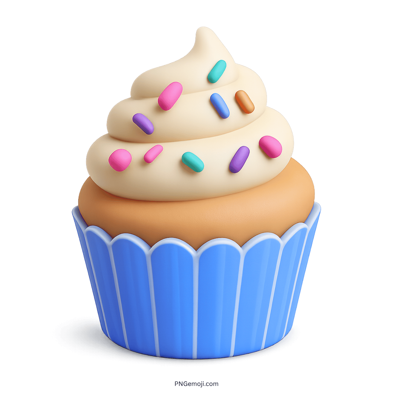 3D cupcake emoji with blue wrapper and rainbow sprinkles on creamy frosting