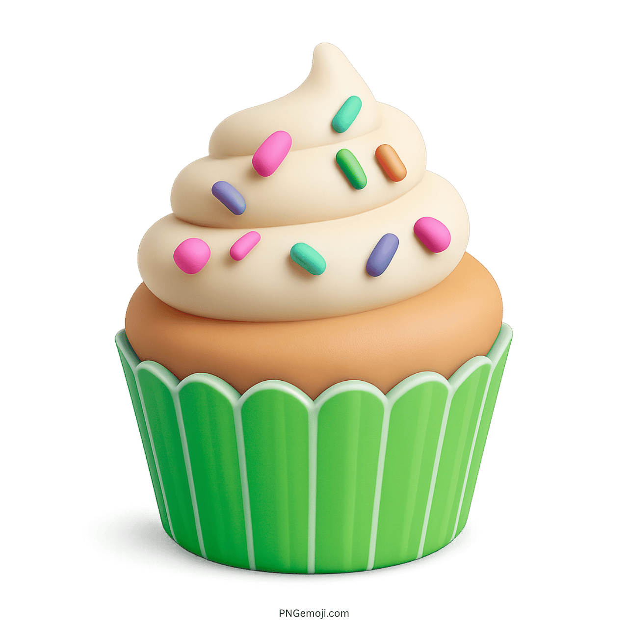 3D cupcake emoji with green wrapper and rainbow sprinkles on white frosting