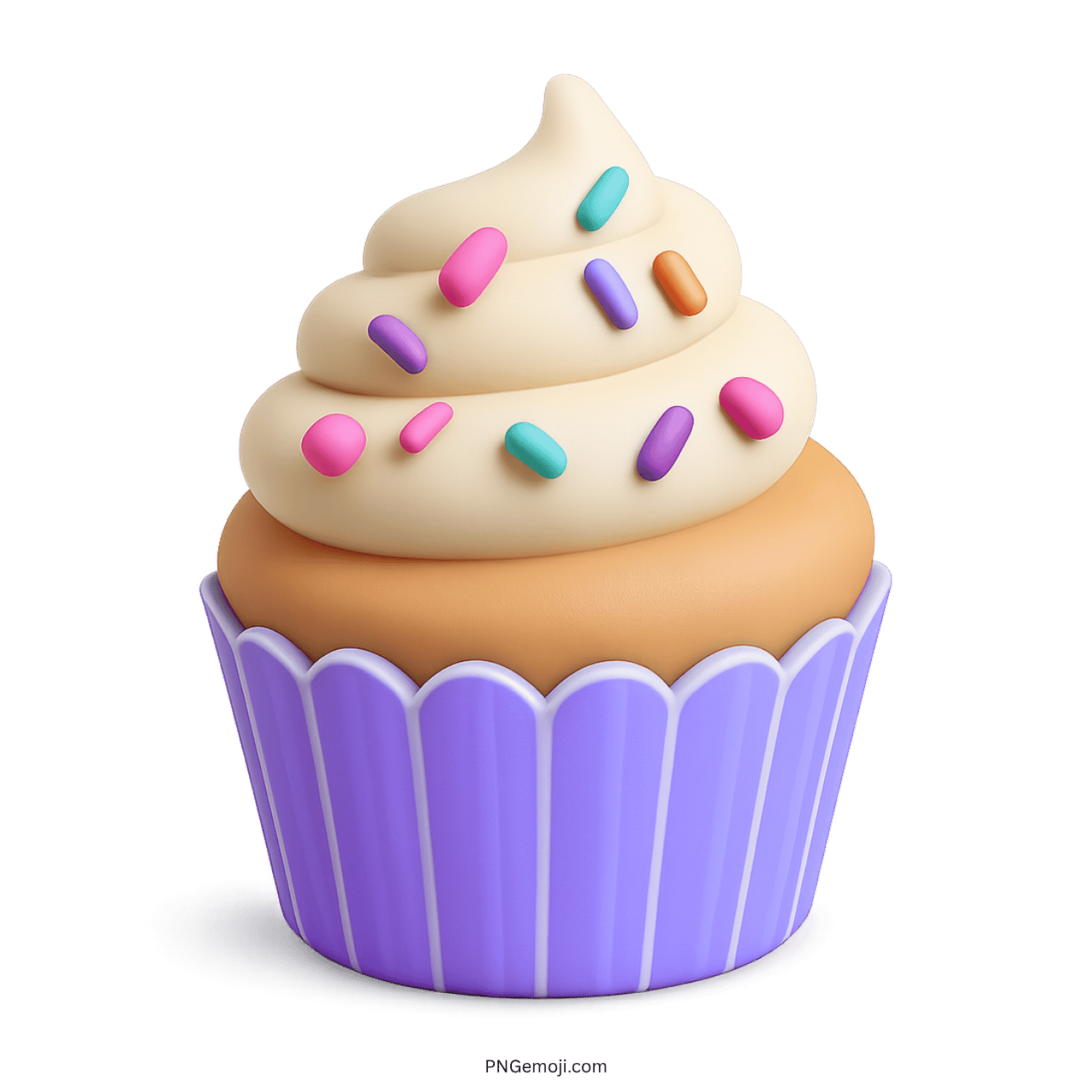 3D cupcake emoji with lavender wrapper, vanilla frosting, and colorful rainbow sprinkles