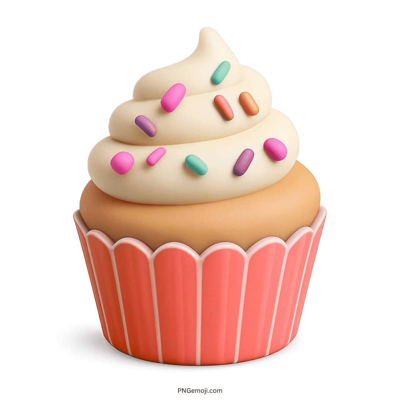 3D cupcake emoji with pink wrapper, creamy frosting, and rainbow sprinkles PNG