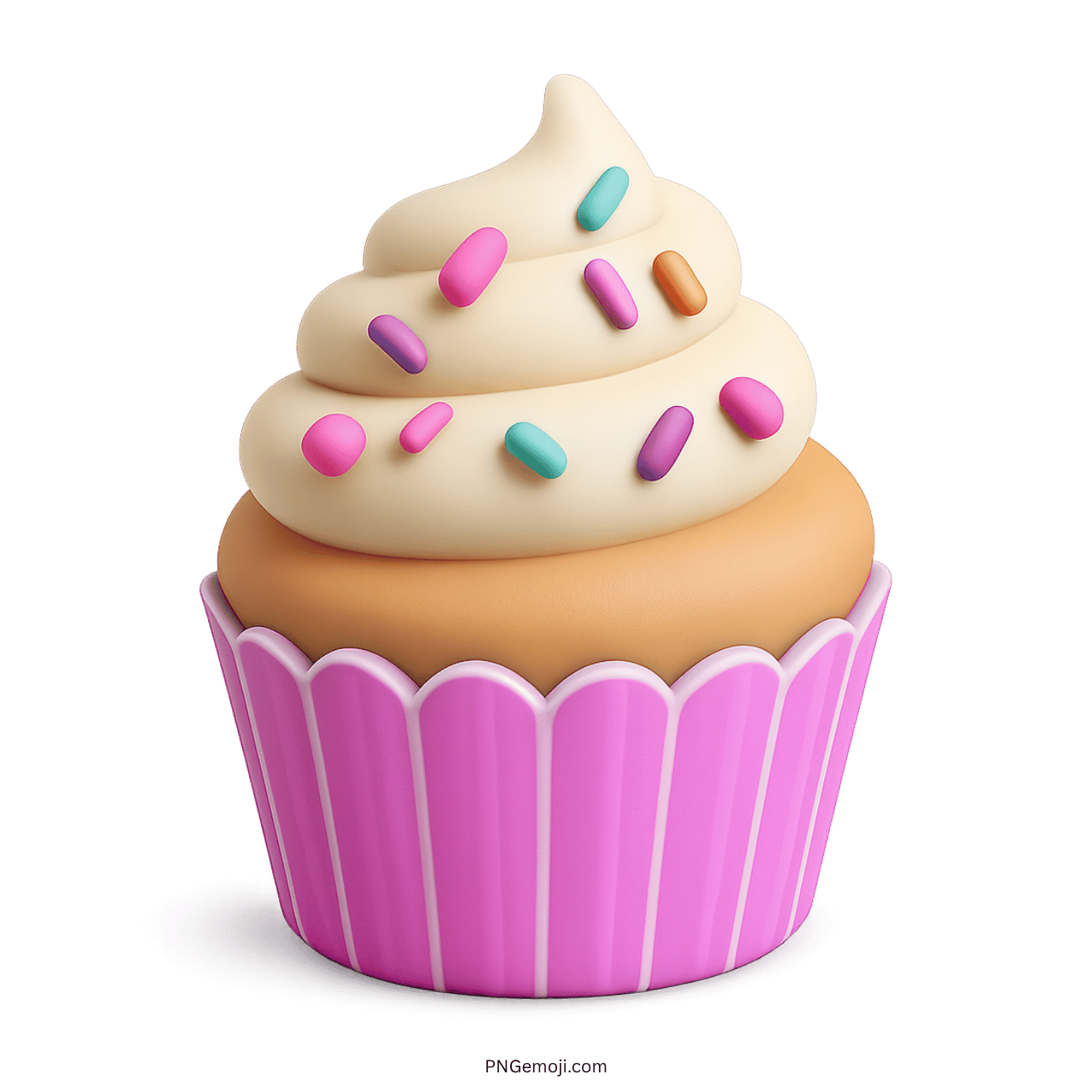 3D cupcake emoji with purple-pink wrapper, frosting, and colorful rainbow sprinkles