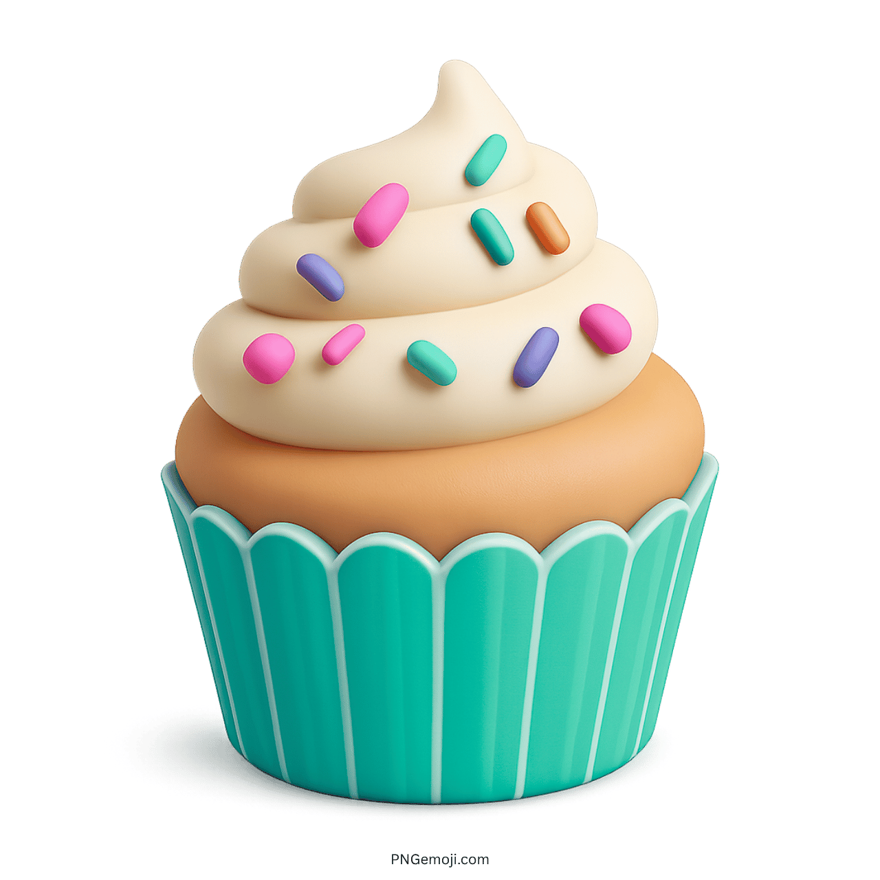 3D cupcake emoji with teal wrapper, vanilla frosting, and colorful candy sprinkles