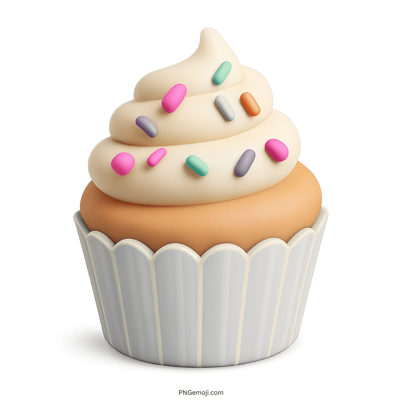3D cupcake emoji with white wrapper, vanilla frosting, and rainbow candy sprinkles