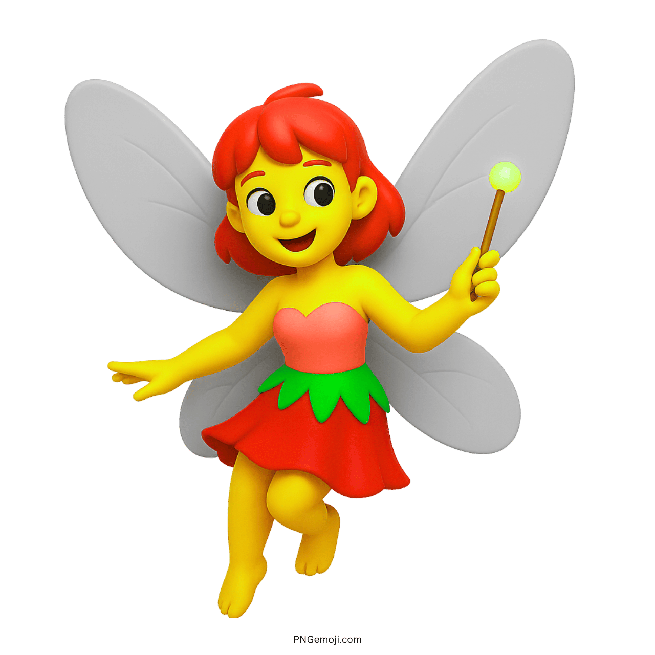 3D fairy emoji with wings and magic wand wearing red dress and smiling