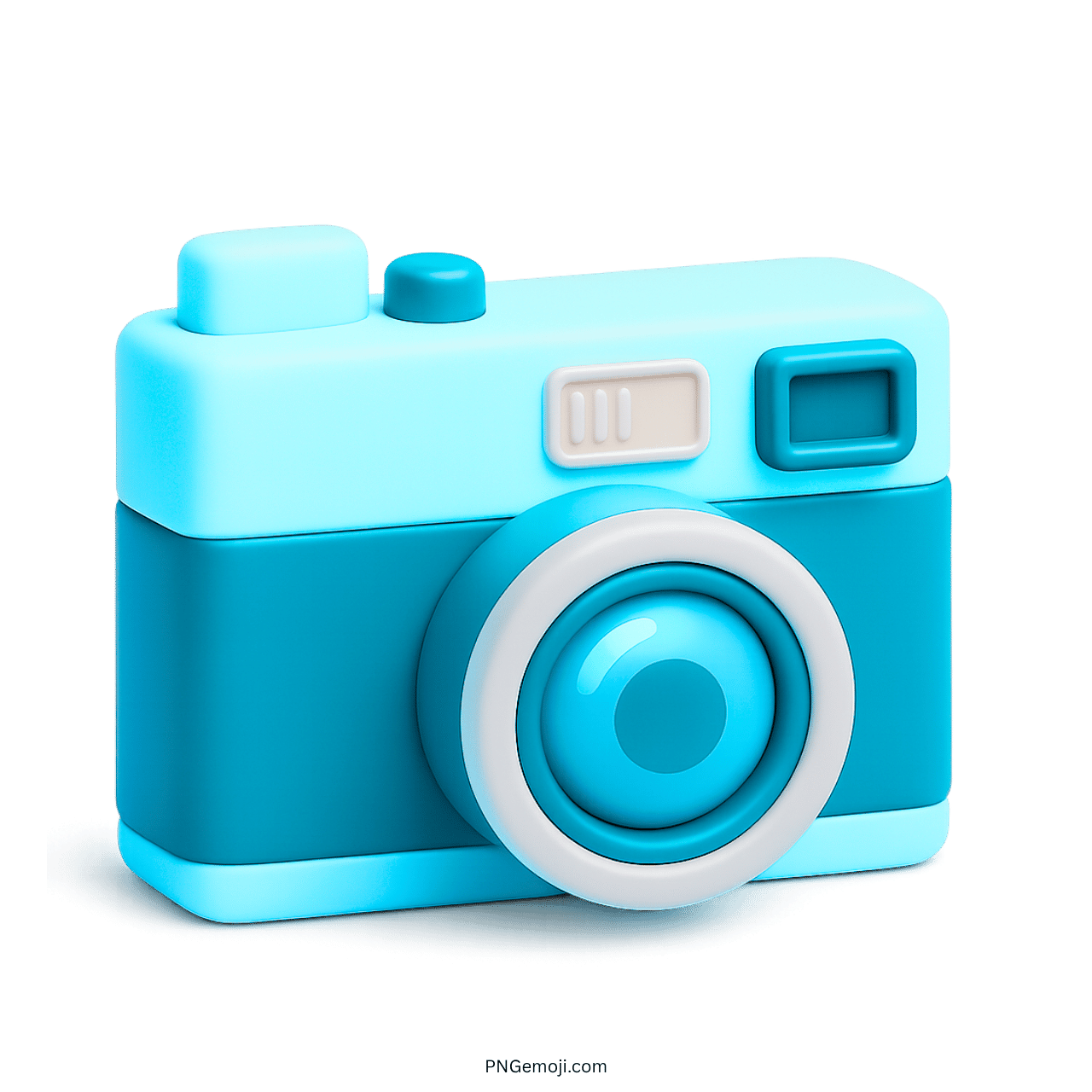 3D cyan and blue camera emoji icon with lens and cartoon style on transparent background