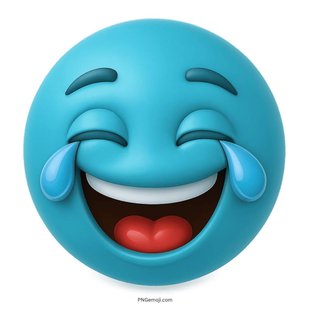 3D cyan blue emoji laughing with happy tears and wide open smiling mouth