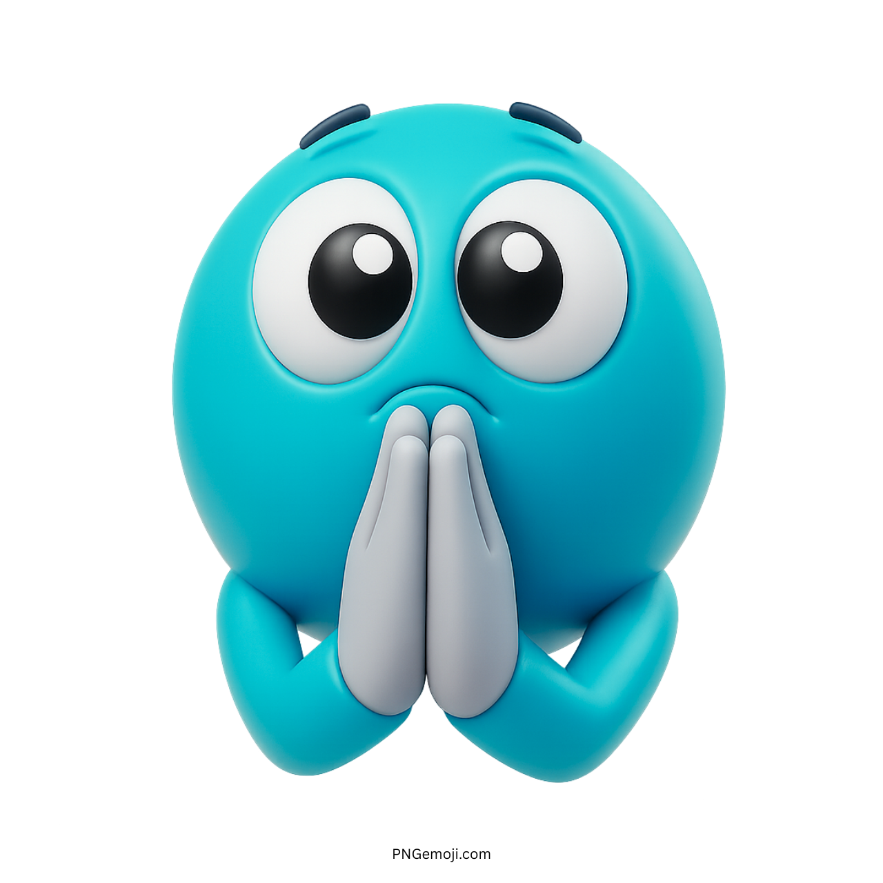 3D cyan emoji with praying hands and large teary pleading eyes expression