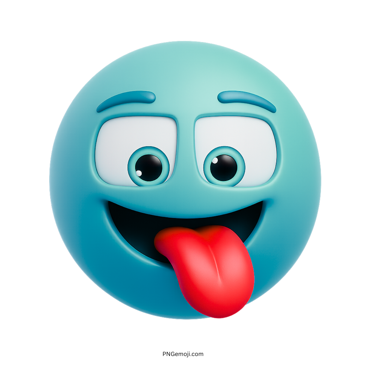 3D cyan blue smiley emoji with tongue out and wide cartoon eyes expression
