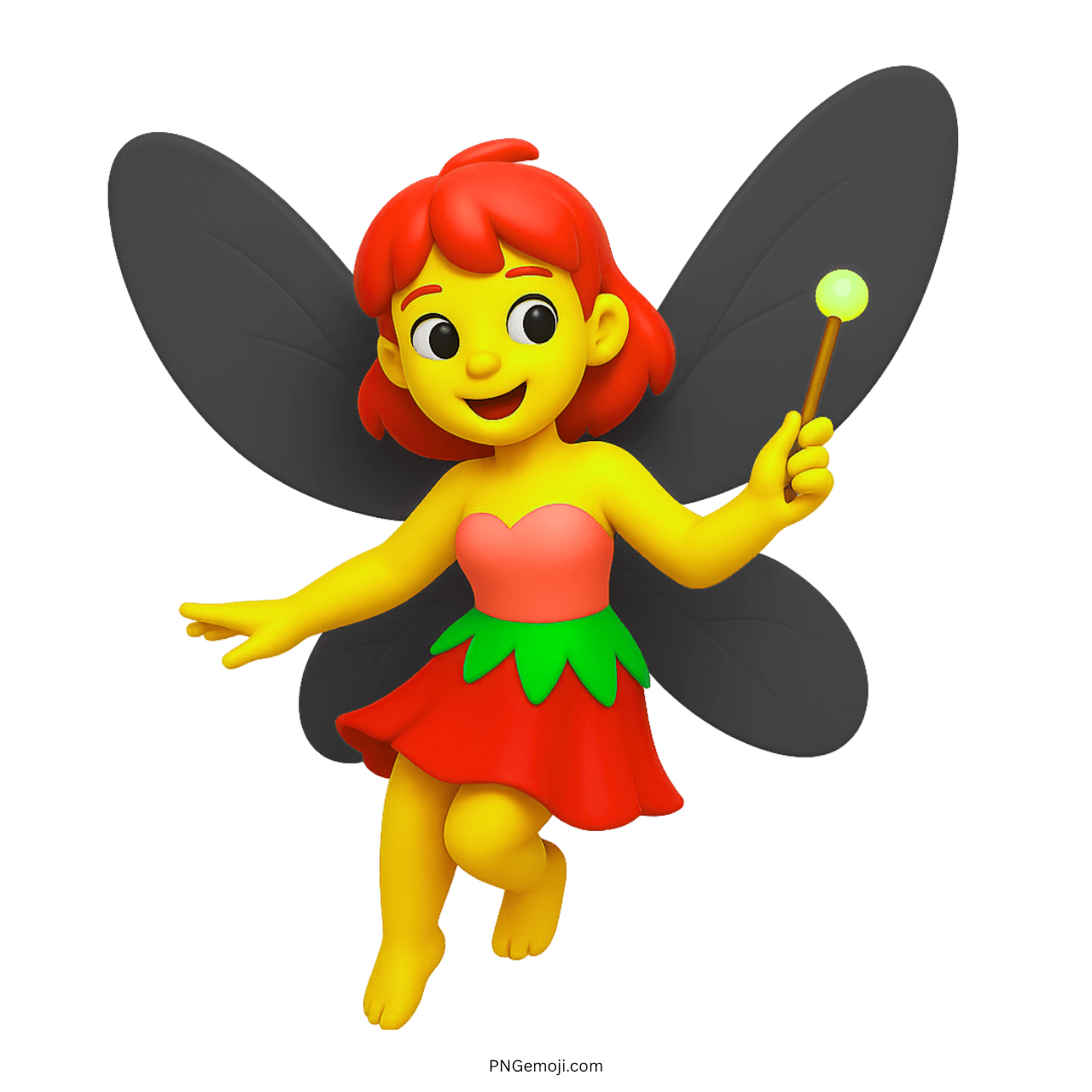 3D fairy emoji with black wings, magic wand and red dress