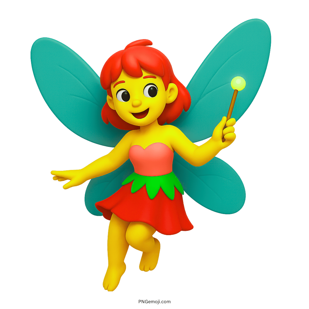 3D fairy emoji with blue wings, red hair, glowing wand, and magical smile