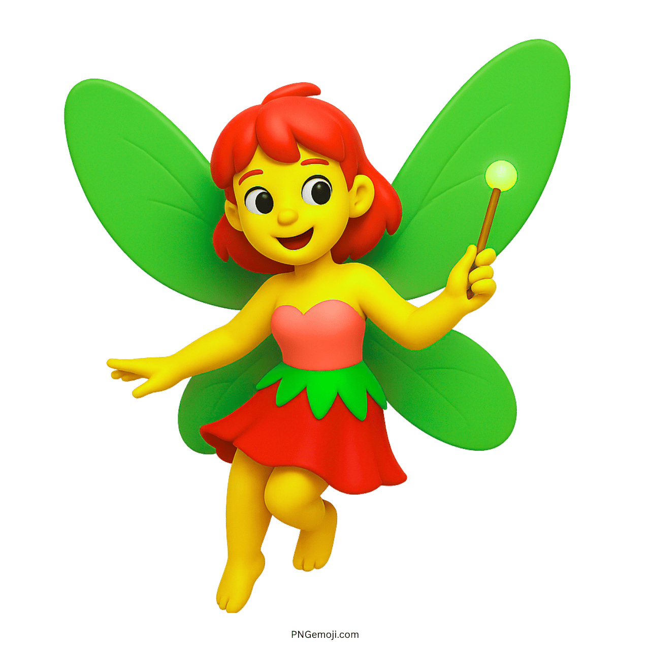 3D fairy emoji with green wings, wand and red leafy dress